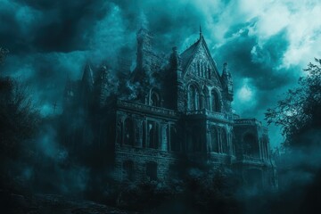 Obraz premium Mystical abandoned mansion shrouded in fog under a stormy sky at twilight
