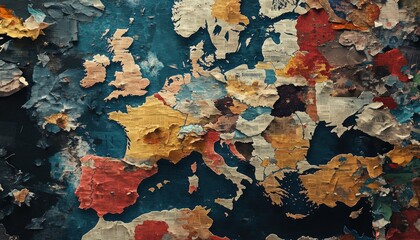 Obraz premium Detailed map of Europe with torn paper effect showing geographical regions in vibrant colors against a dark background