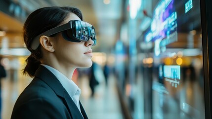 Business traveler uses augmented reality wayfinding app at airport for navigation