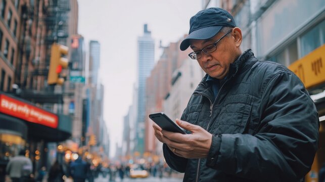 man navigates city street using AI-powered screen reader on smartphone for independence and accessibility