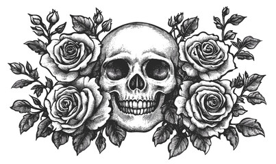 Skull and roses decorative art in linear style, elegant floral and skull icons set, vector.