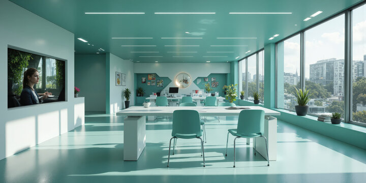 AI-powered study area in soft teal, featuring smart desks that adjust to the student's posture and focus levels, and interactive