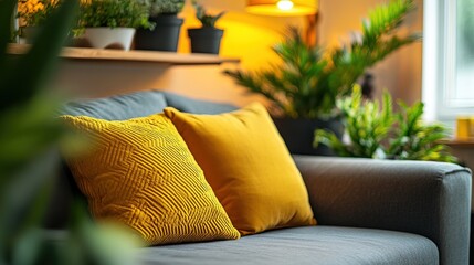 Cozy living room with gray sofa, honey yellow pillows, wooden shelf, and potted plants, radiating warmth and comfort.
