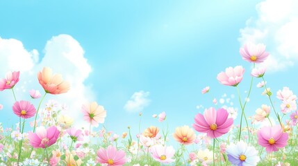 Pastel floral meadow against a bright azure sky with fluffy clouds backdrop