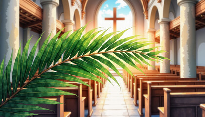 Vibrant palm branch during Palm Sunday service, spiritual reflection
