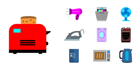 Home appliance icon set. Household electronics and kitchen device sign. Washing machine, refrigerator, toaster, microwave, and dishwasher symbol. Fan, kettle, iron, stove, and hair dryer illustration.