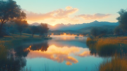 Fototapeta premium Serene Sunrise Over Misty Mountain Lake Landscape