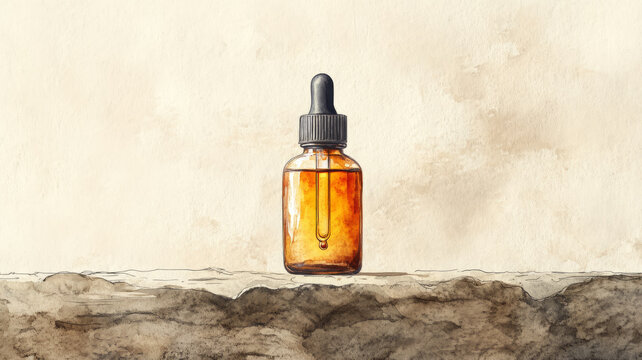 Watercolor style illustration of an amber dropper bottle on a textured surface, ideal for themes of natural skincare and wellness.