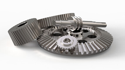 Parts of a disassembled gearbox. Gears, shaft. 3D Render.