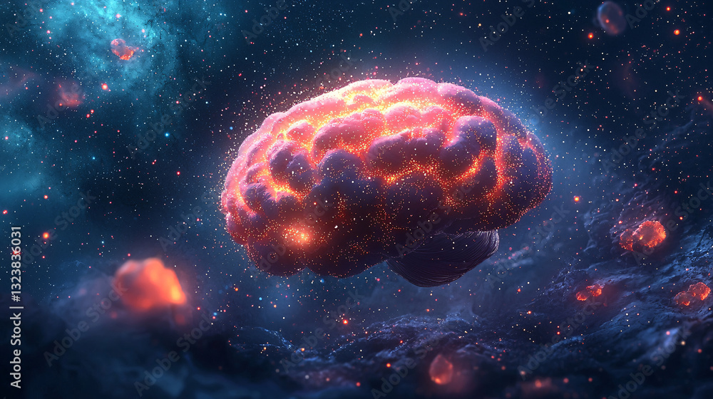 Aufkleber large language model optimization in artificial intelligence. brain-shaped nebula with glowing parti