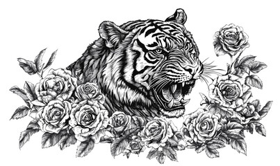 Obraz premium Fierce tiger roaring with roses floral design vector, linear icons set.