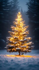 Illuminated snow-covered Christmas tree in a winter forest.
