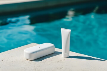 A small white skincare tube and bottle next to the pool, high-definition photography. mock-up photography