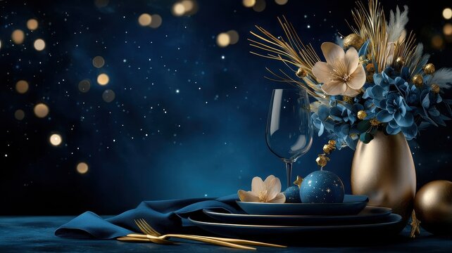 A stylish table setting featuring elegant flowers, a glass, and golden accents, all set against a dark blue background with shimmering lights.