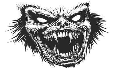 Obraz premium Fierce monster head icon set, linear vector style with detailed fangs and angry expression.