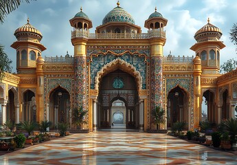 Intricately Designed Palace Entrance with Vibrant Colors, Ornate Domes, and Decorative Arches Surrounded by Lush Greenery