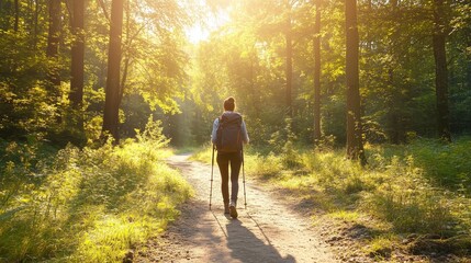 Fototapeta premium Person hiking with weighted backpack on nature trail, showcasing outdoor fitness training and endurance building in natural environment.