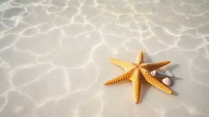 Starfish and seashell rest on the summer beach in calm sea water, creating a serene summer backdrop for a memorable time.