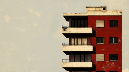 Architectural Details of a Red Apartment Building Against a Cloudy Sky