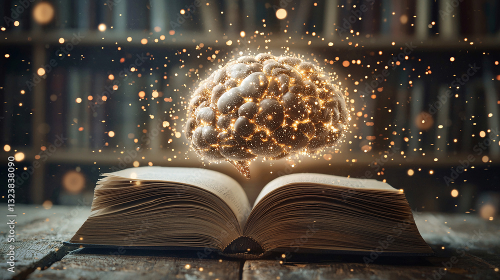Aufkleber large language model optimization in artificial intelligence. a glowing brain above an open book wit
