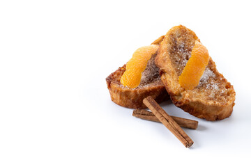 Traditional Spanish torrijas for Holy Week isolated on white background. Copy space