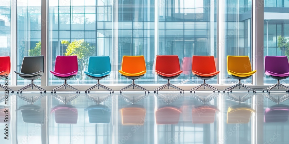 Poster colorful chairs in modern office: an array of vibrant, modern chairs arranged in a row in front of a