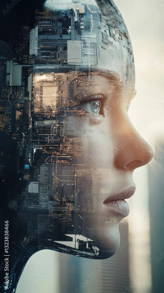 Aufkleber merging of human and technology: a mesmerizing fusion of a woman's visage with the intricate archite