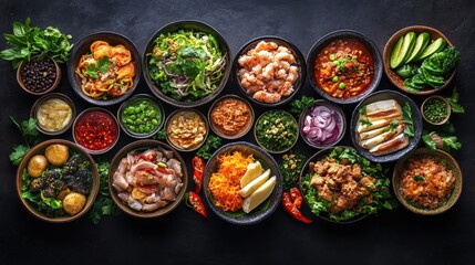 a collection of various dishes and ingredients arranged on a dark surface, creating a visually appealing culinary display. The composition showcases a diverse array of food items