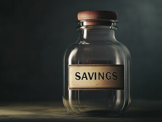 Glass Jar with Coins and Savings Label, Economic Hardship Scene for Rising Costs Trends, Selective Focus