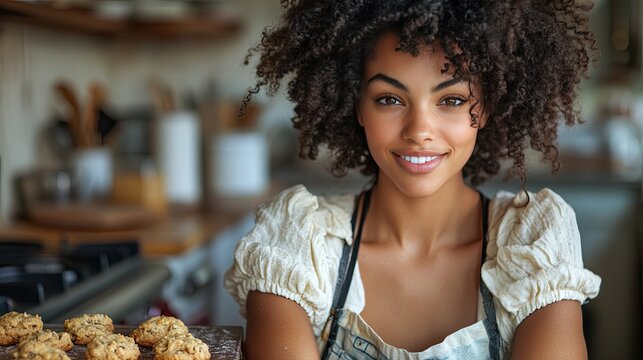 Joyful young woman smiles while baking delicious cookies in a cozy kitchen, showcasing her passion for cooking.