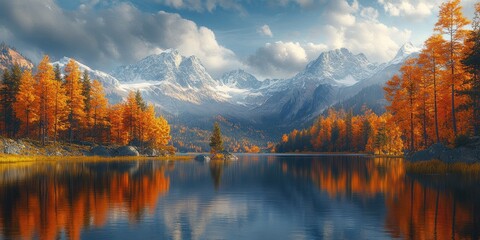 Fototapeta premium Majestic Autumn Mountain Lake Scenic View with Snow-Capped Peaks and Reflections