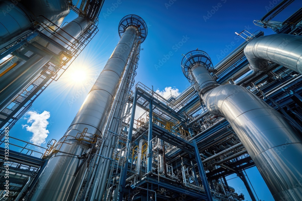 Poster industrial powerhouse: an imposing display of industrial infrastructure with towering structures and