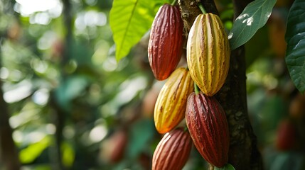 Cacao Pods on Tree Branch at Different Ripening Stages