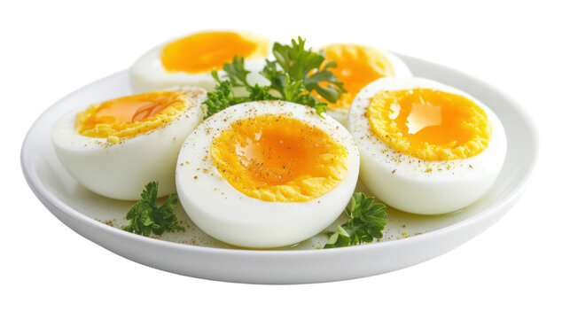 Set of Boiled eggs on plate isolated on white background