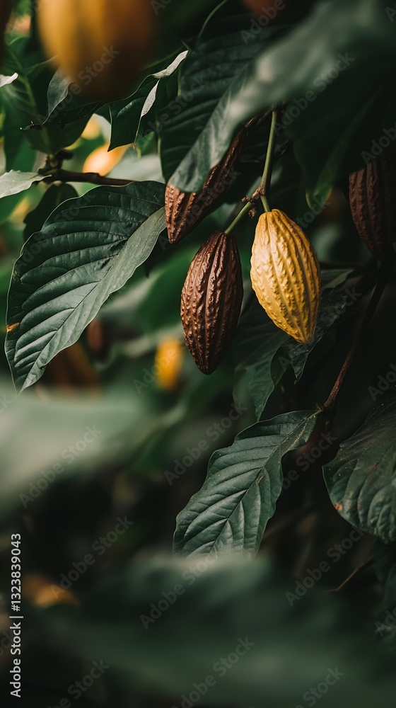 Poster cacao pods on cocoa tree branch