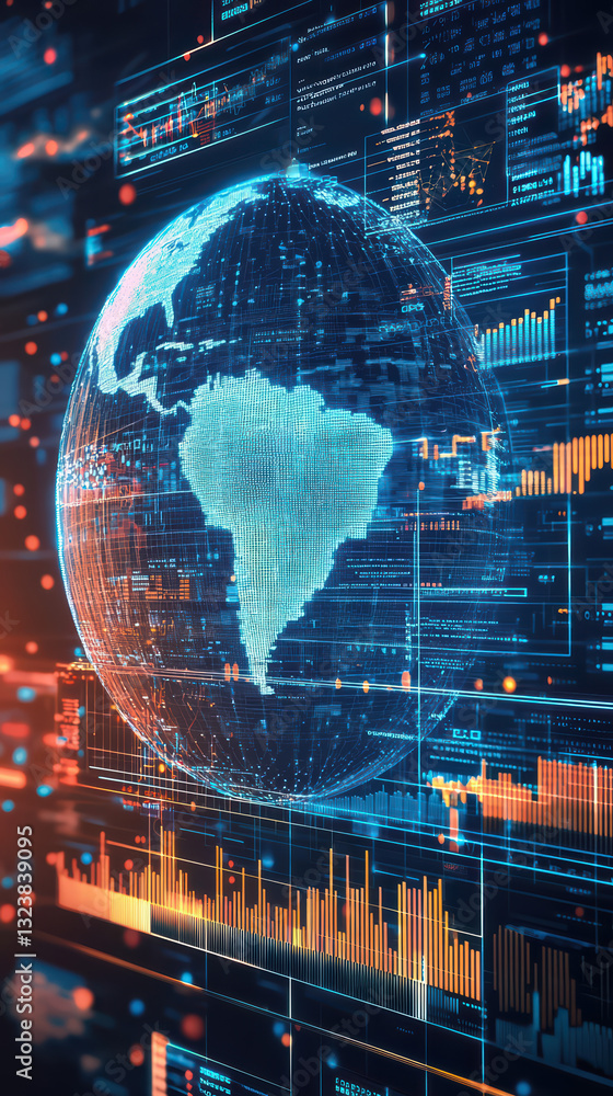 Poster global network: a futuristic depiction of the globe, overlaid with intricate data streams and digita