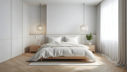 A clean and inviting bedroom features a large bed adorned with soft blankets and pillows