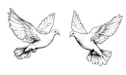 Obraz premium Two flying doves symbolizing peace - linear icons set, vector.