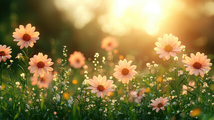 Fototapeta premium A field of vibrant flowers basking in the golden glow of sunlight creates a serene and refreshing scene.