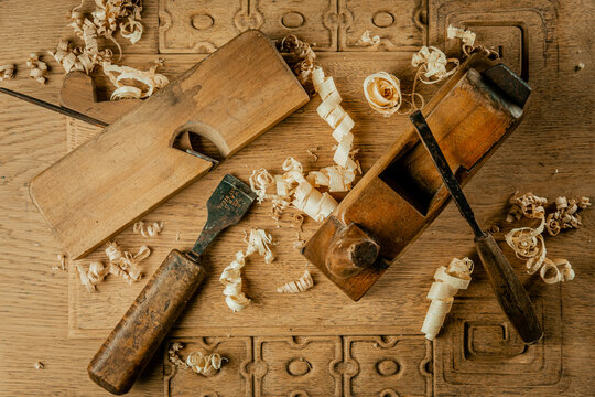 Top down carpenter tools. Hand plane with old chisel.