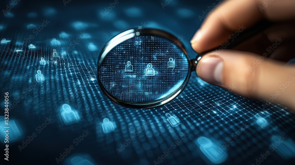 Poster a hand holding a magnifying glass over digital locks representing security and cybersecurity concept