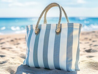 Seaside Escape: A Stylish Tote Bag on Sandy Shores: A beautiful striped tote bag with rope handles sits invitingly on a sun-kissed beach, with the serene ocean in the background.