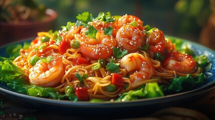 a close-up shot of a plate of appetizing shrimp noodles garnished with fresh herbs and vegetables