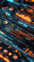 Technological Data Interface: A mesmerizing view of an abstract data interface, showcasing complex charts, graphs, and interactive elements with a futuristic, high-tech vibe.