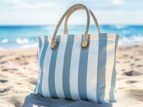 Seaside Escape: A Stylish Tote Bag on Sandy Shores: A beautiful striped tote bag with rope handles sits invitingly on a sun-kissed beach, with the serene ocean in the background.