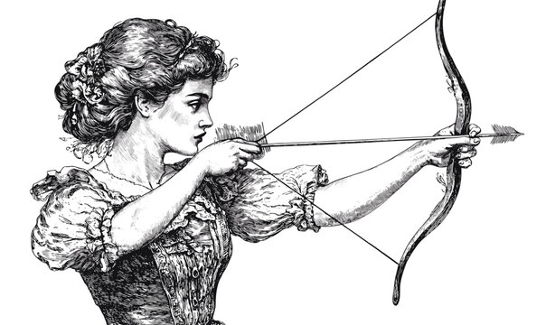 Woman aiming with bow and arrow, antique style, linear, icons set.