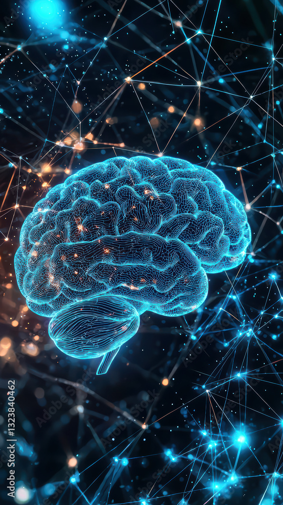 Poster brain network visualization: a captivating digital illustration presents a luminous brain, interwove