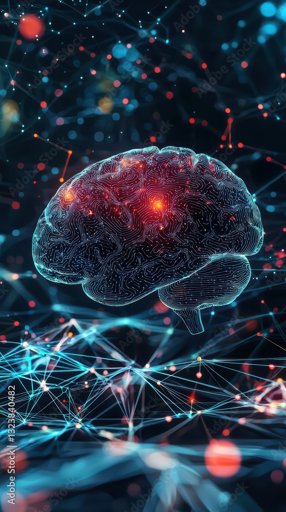 Poster mind's blueprint: a luminous brain model intricately intertwined with glowing neural network connect