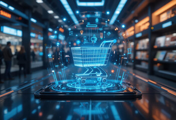 Comercio electrónico impulsado por IA, holograma de carrito de compras en el espacio virtual, interfaz de alta tecnología, transferencias de datos que crean una experiencia de compra futurista
