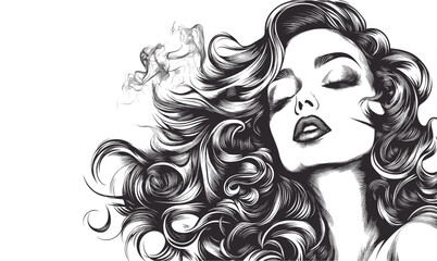 Elegant woman with flowing hair and smoke elements, vector, linear icons set.